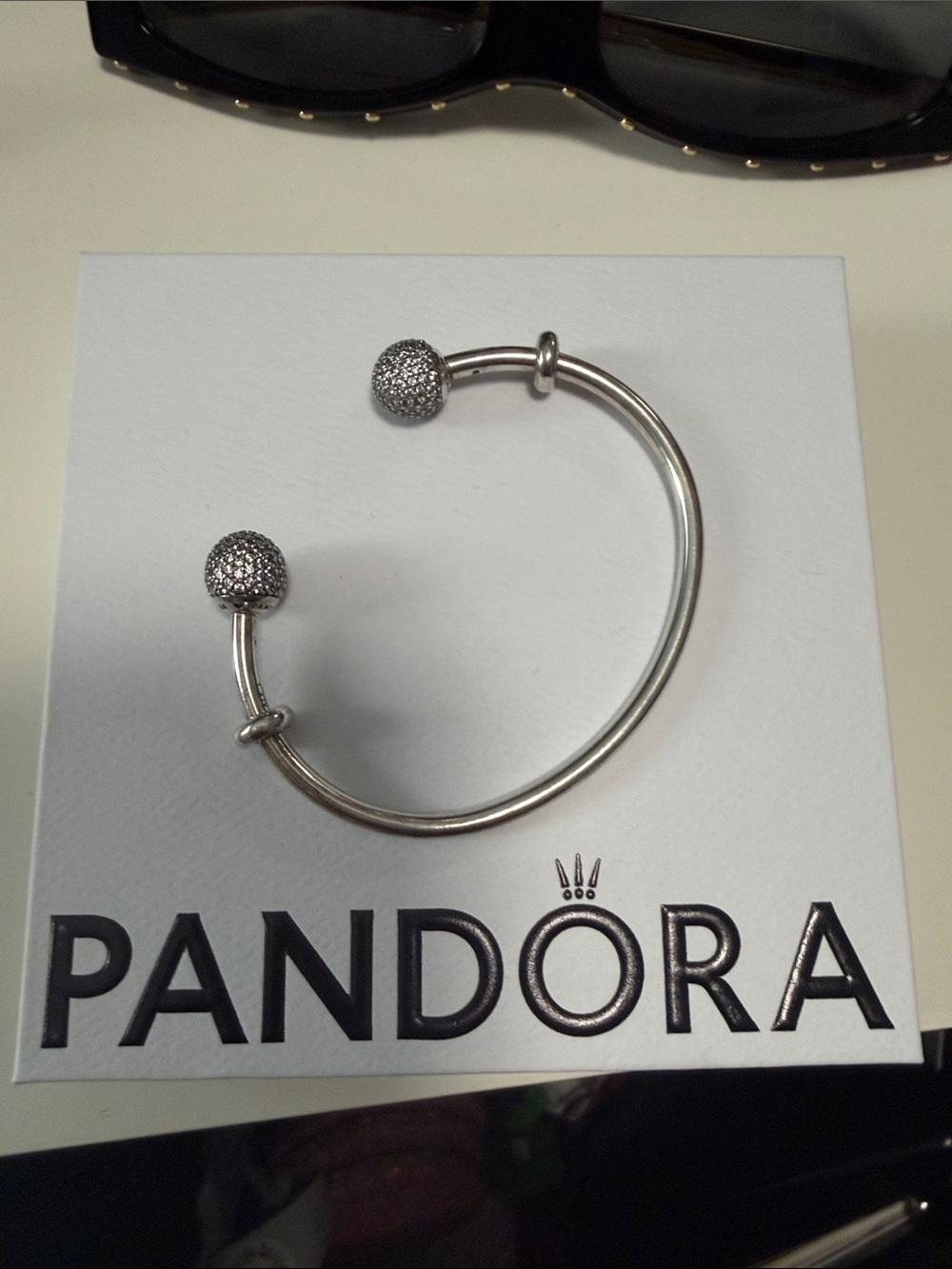 Pandora Silver Open Bangle with Pavé End Spheres - Silver